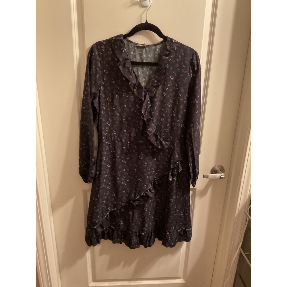 J.McLaughlin Floral Print Wrap Dress Ruffle Trim Long Sleeve Black Size 8 - Picture 3 of 15